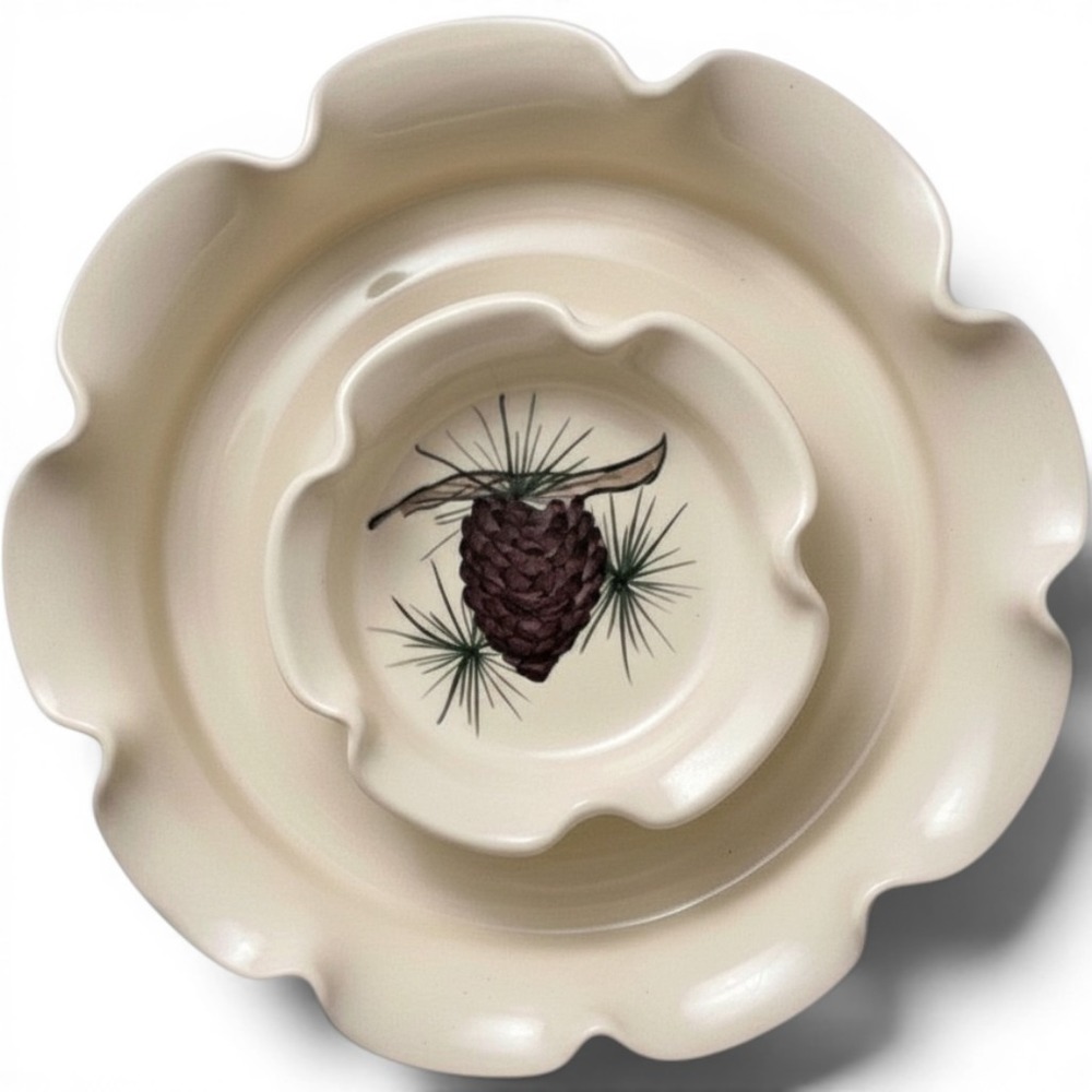Vintage Pinecone Chip and Dip Bowl Hand Painted Scalloped Cream Ceramic 12 inch